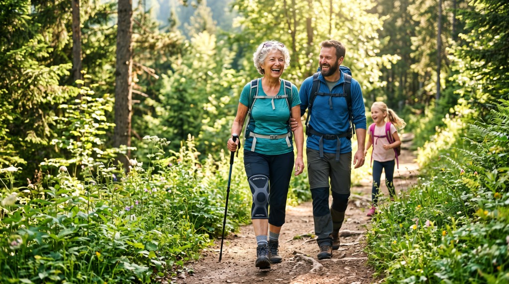 Adults hiking on a forest trail